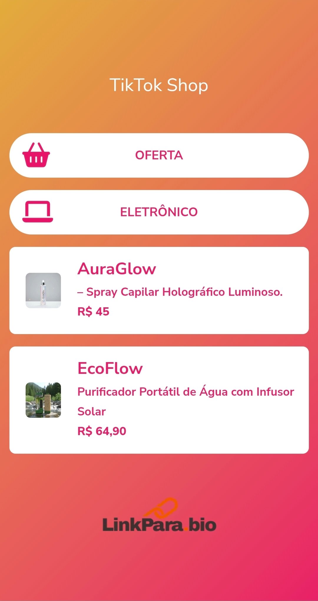 Exemplo de hub de ofertas criado no LinkPara.Bio para divulgação no TikTok Shop, mostrando produtos e categorias.