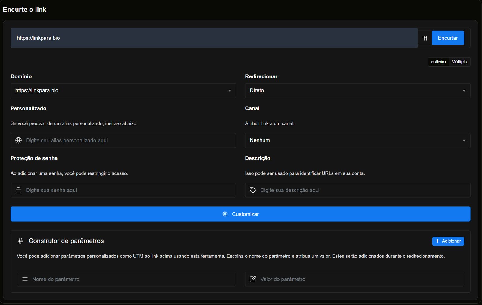 Interface do encurtador de URL do LinkPara.Bio sendo usada para criar um link rastreável para o TikTok Shop. As imagens mostram o construtor de parâmetros UTM, que permite adicionar tags como 'utm_source' e 'utm_campaign' aos links.